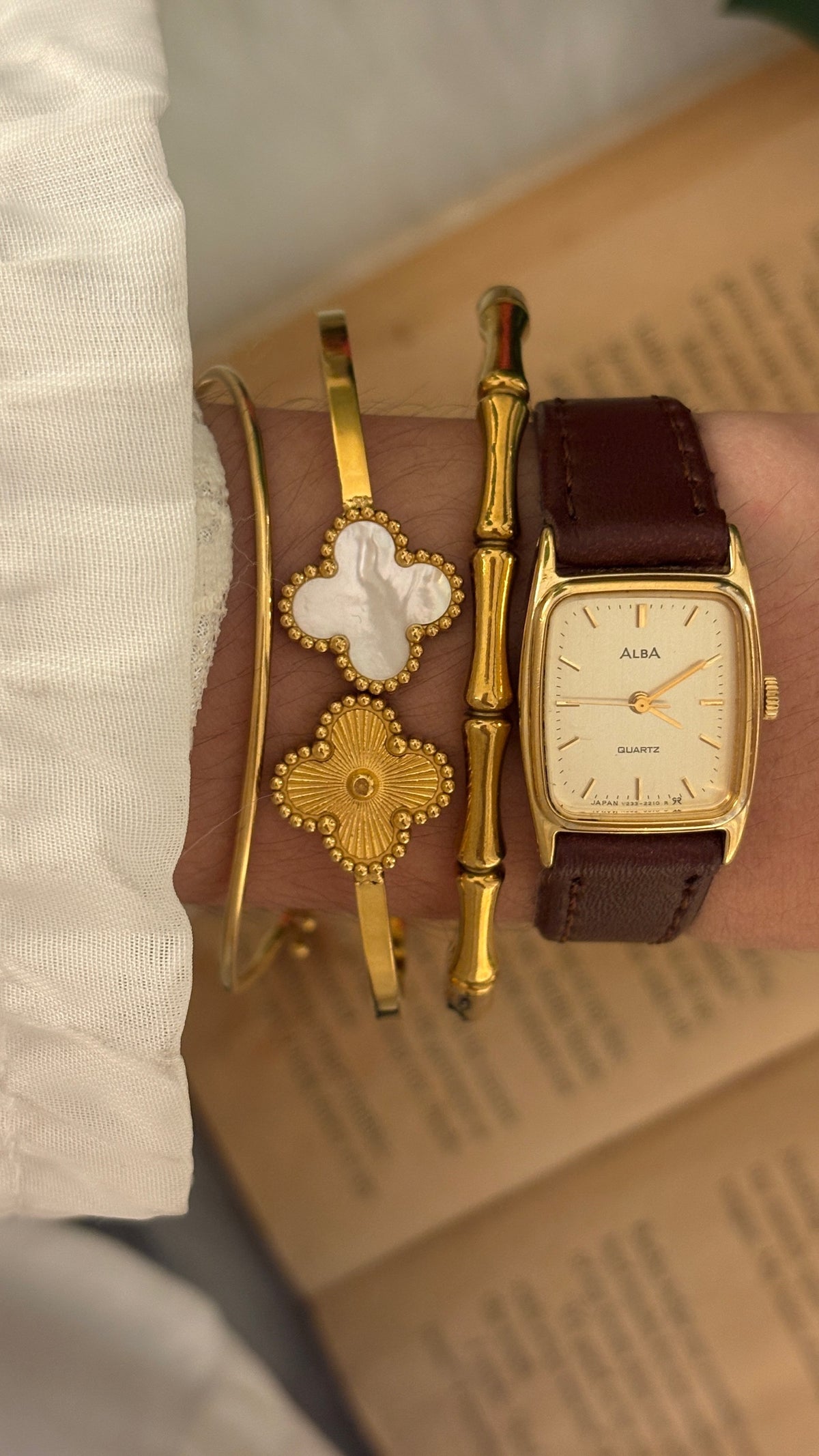 Vintage Alba Seiko Tank Watch in Gold Tone Brown Leather Quartz