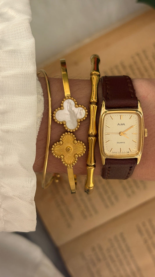 Vintage Alba Seiko Tank Watch in Gold Tone Brown Leather Quartz