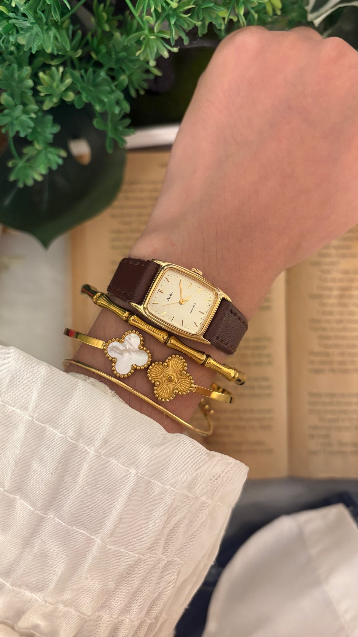 Vintage Alba Seiko Tank Watch in Gold Tone Brown Leather Quartz