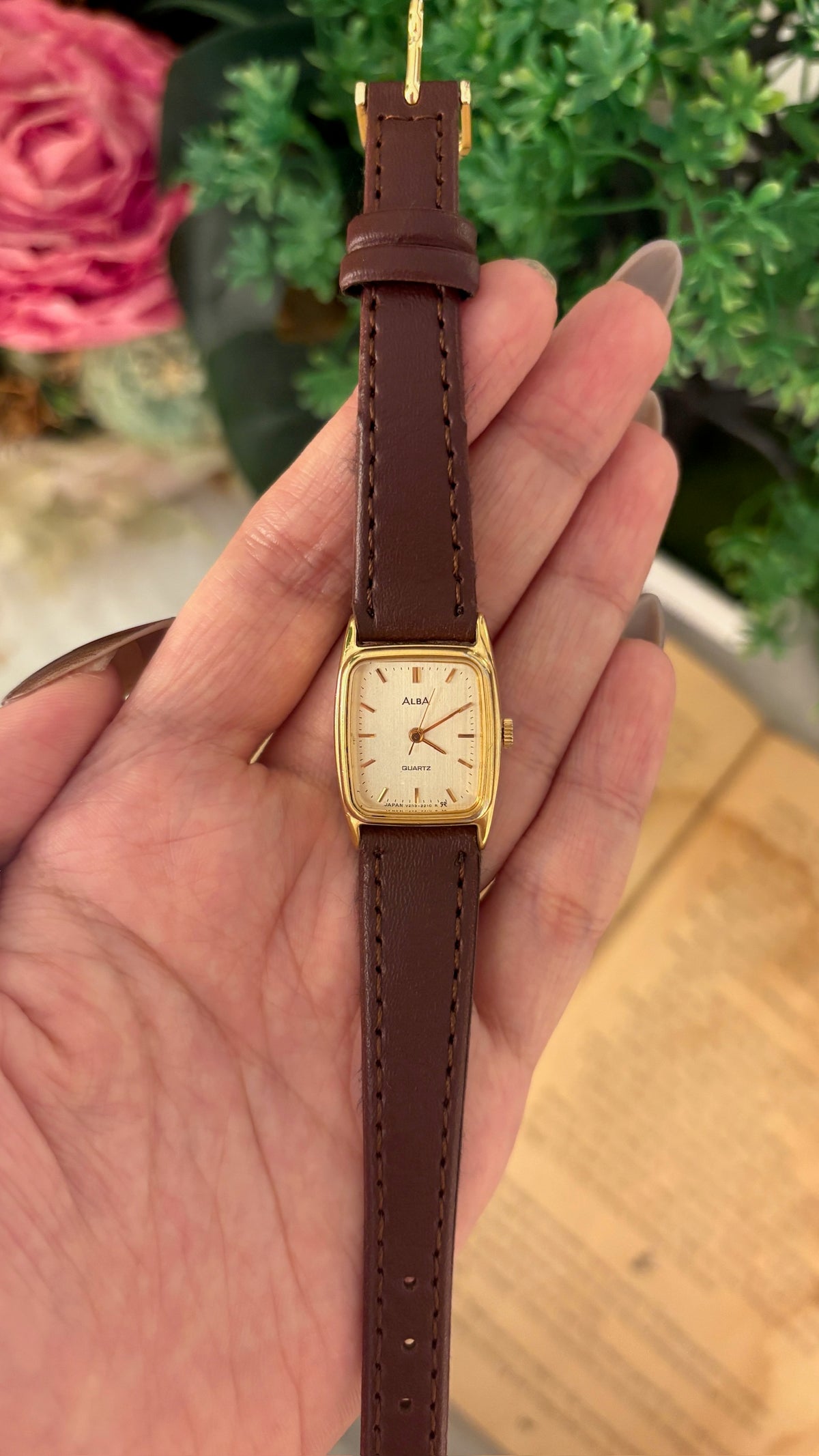 Vintage Alba Seiko Tank Watch in Gold Tone Brown Leather Quartz