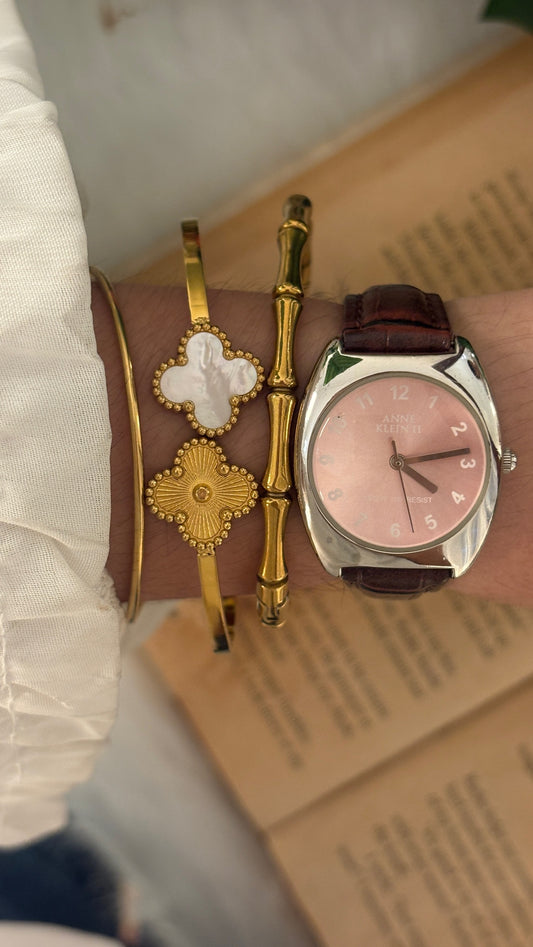 Vintage Anne Klein II Rose Pink Dial Watch in Silver Tone Brown Leather Quartz