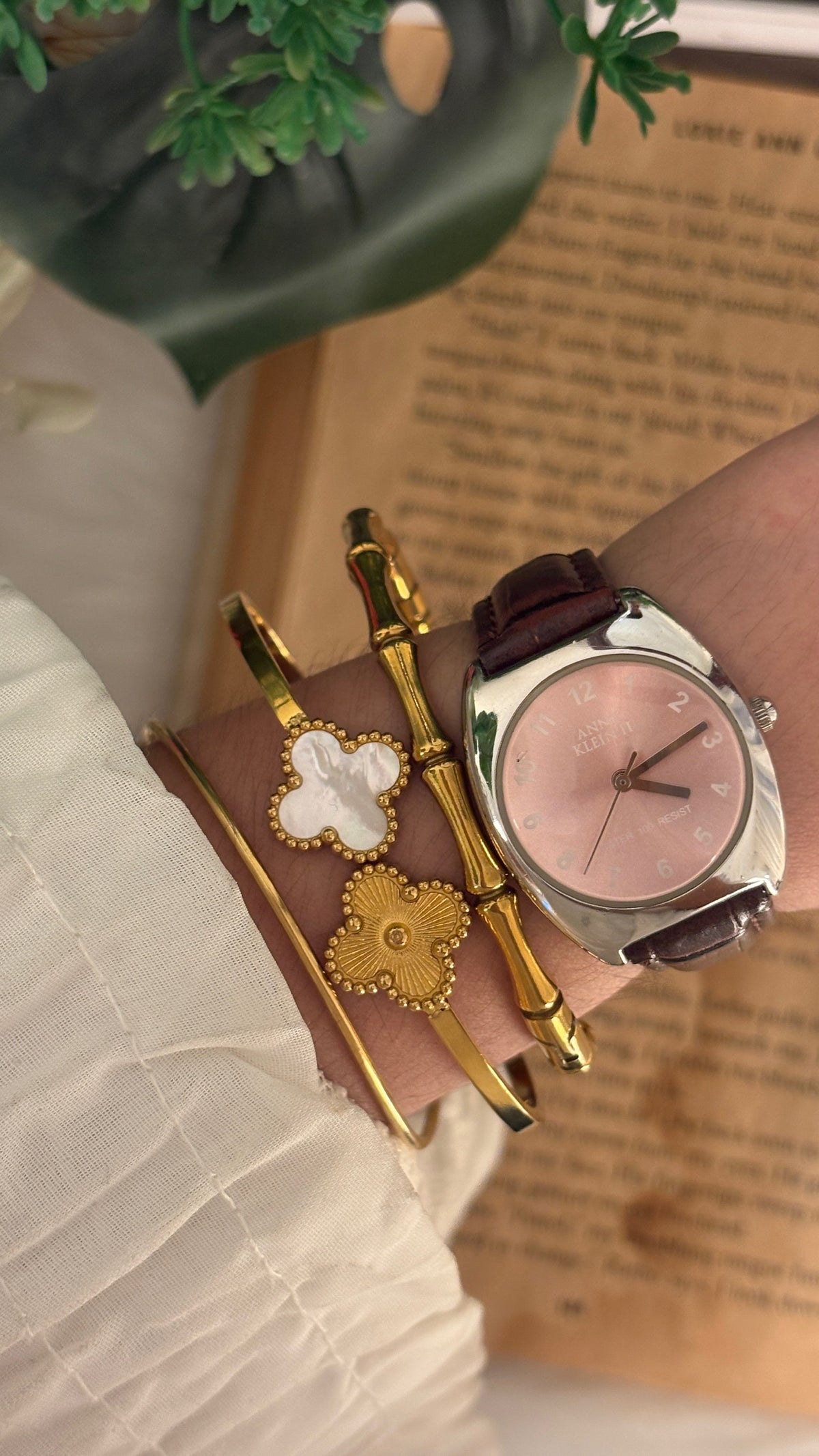 Vintage Anne Klein II Rose Pink Dial Watch in Silver Tone Brown Leather Quartz