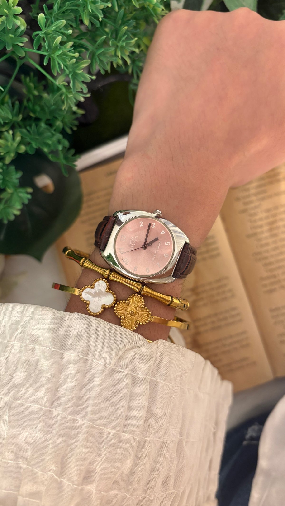 Vintage Anne Klein II Rose Pink Dial Watch in Silver Tone Brown Leather Quartz