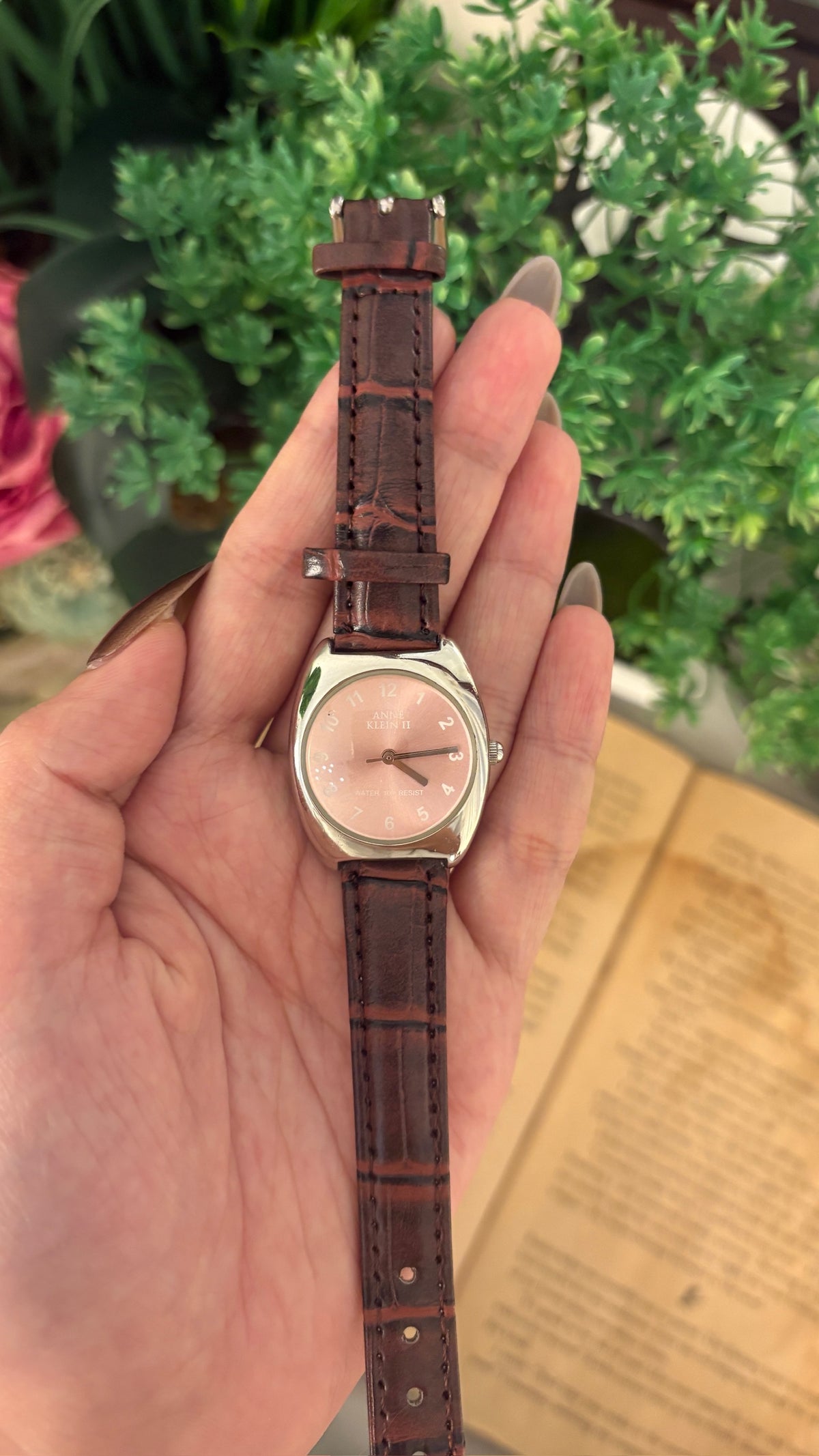 Vintage Anne Klein II Rose Pink Dial Watch in Silver Tone Brown Leather Quartz