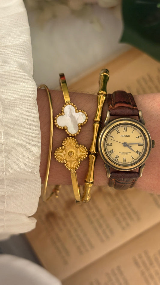 Rare Vintage Krone Roman Dial Watch in Gold Brass Tone Brown Leather Quartz
