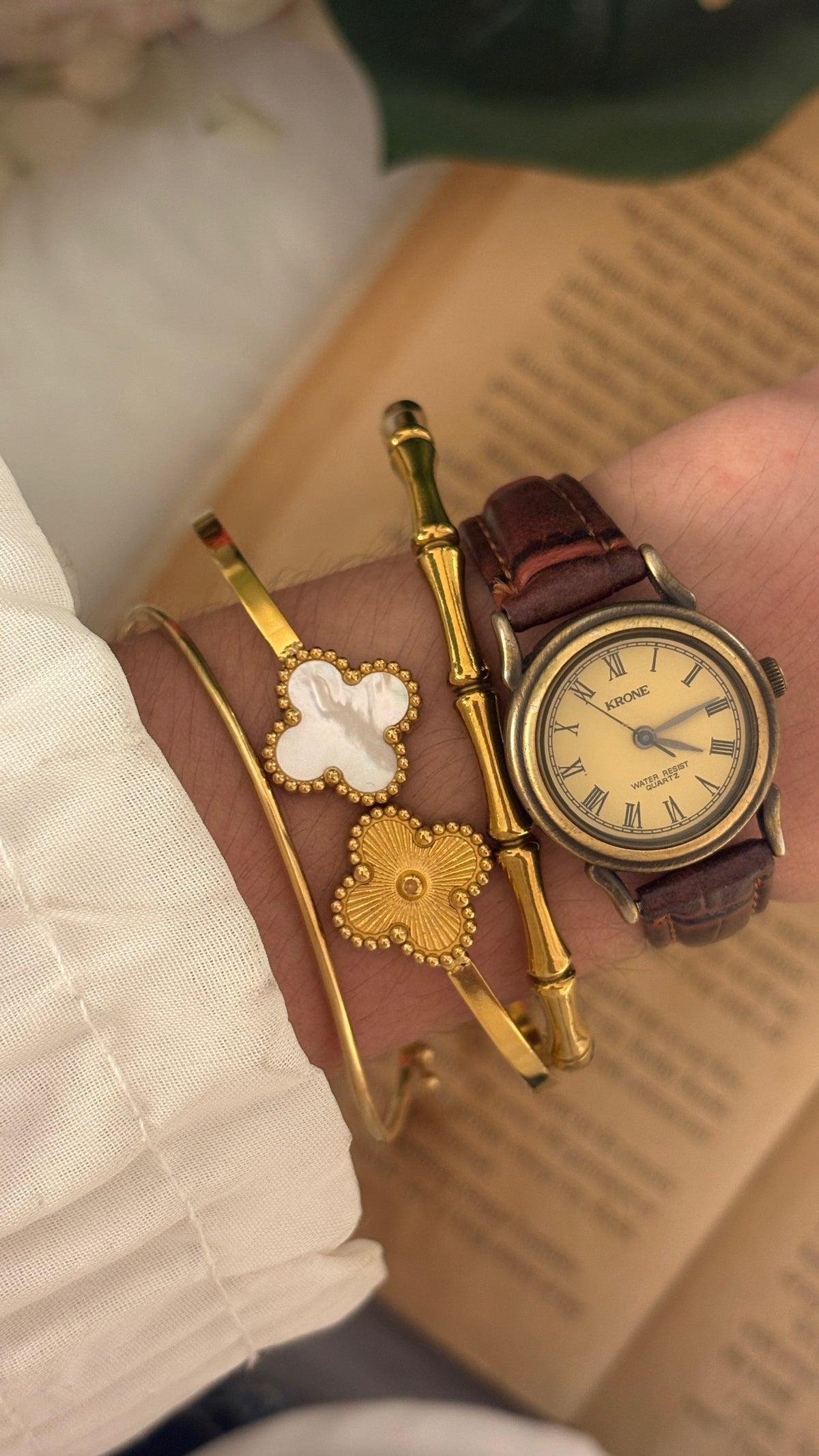 Rare Vintage Krone Roman Dial Watch in Gold Brass Tone Brown Leather Quartz