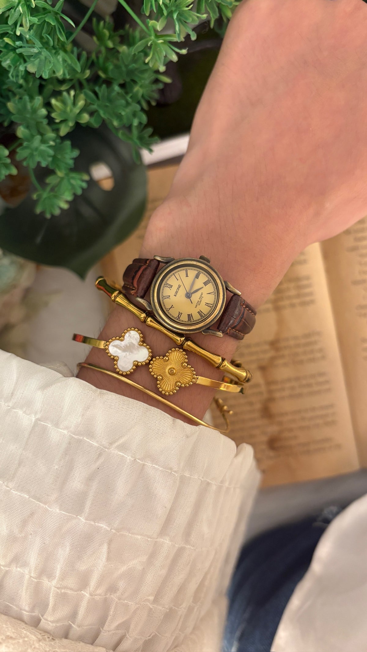 Rare Vintage Krone Roman Dial Watch in Gold Brass Tone Brown Leather Quartz