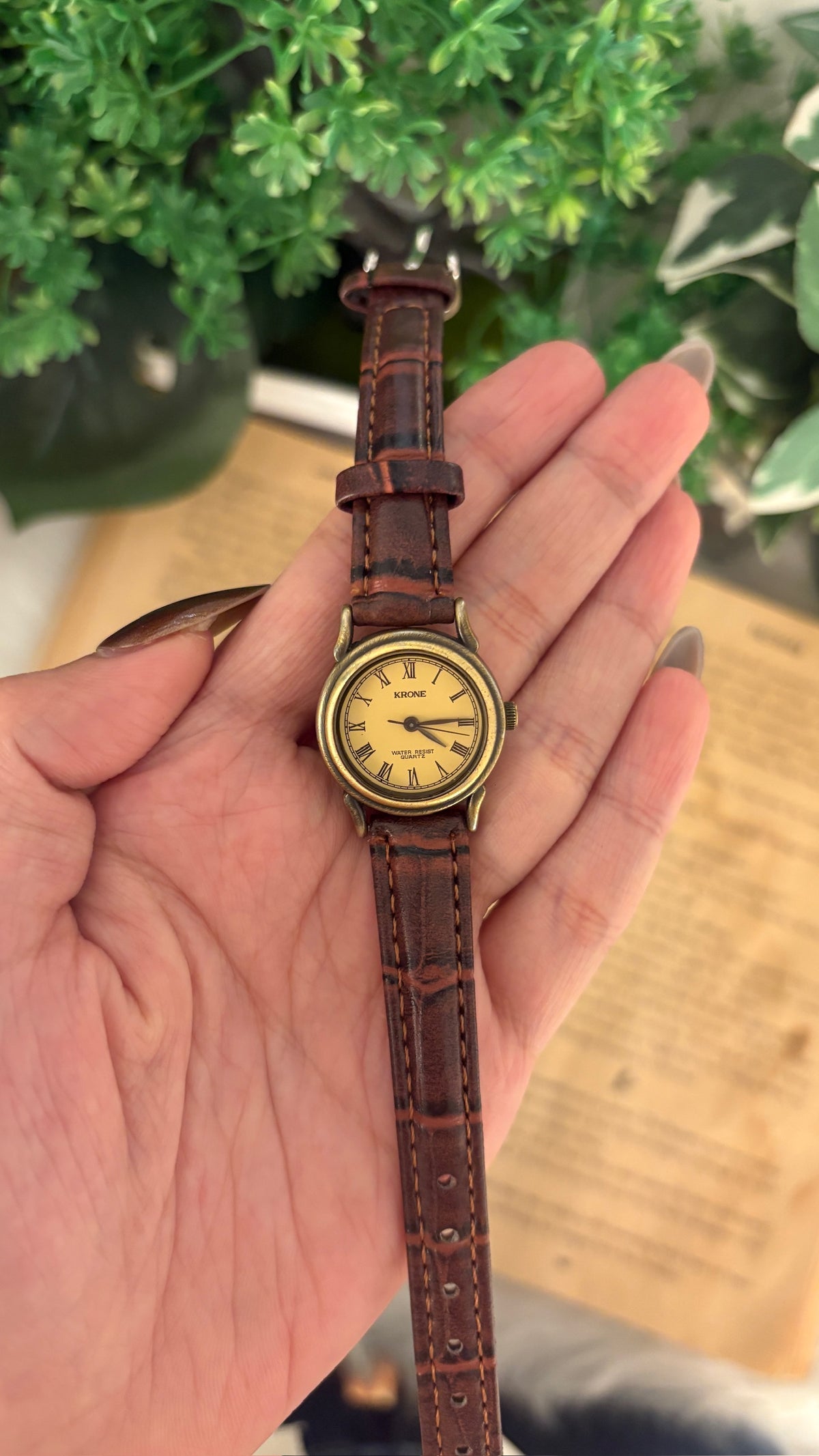 Rare Vintage Krone Roman Dial Watch in Gold Brass Tone Brown Leather Quartz