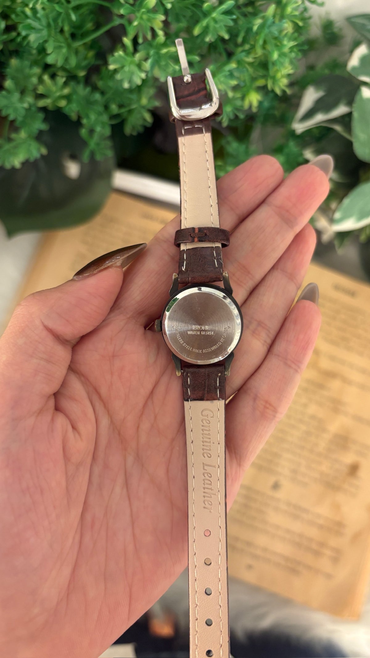 Rare Vintage Krone Roman Dial Watch in Gold Brass Tone Brown Leather Quartz