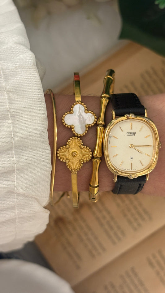Rare Vintage Seiko Oval Dial Watch in Gold Tone Black Leather Quartz