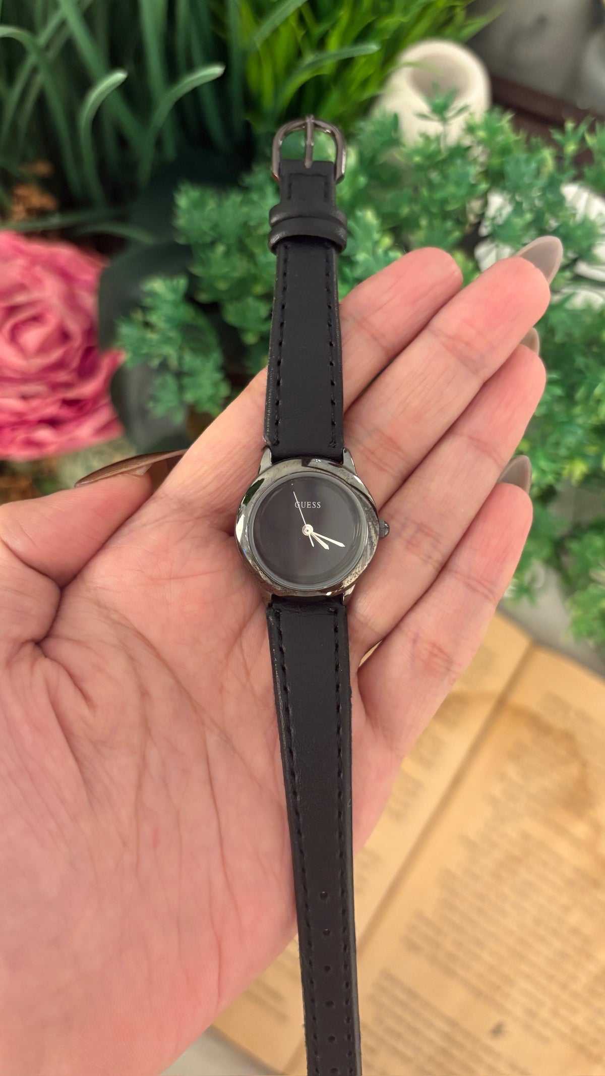 Rare Vintage Guess Blackout Watch in Silver Gunmetal Tone Black Leather Quartz