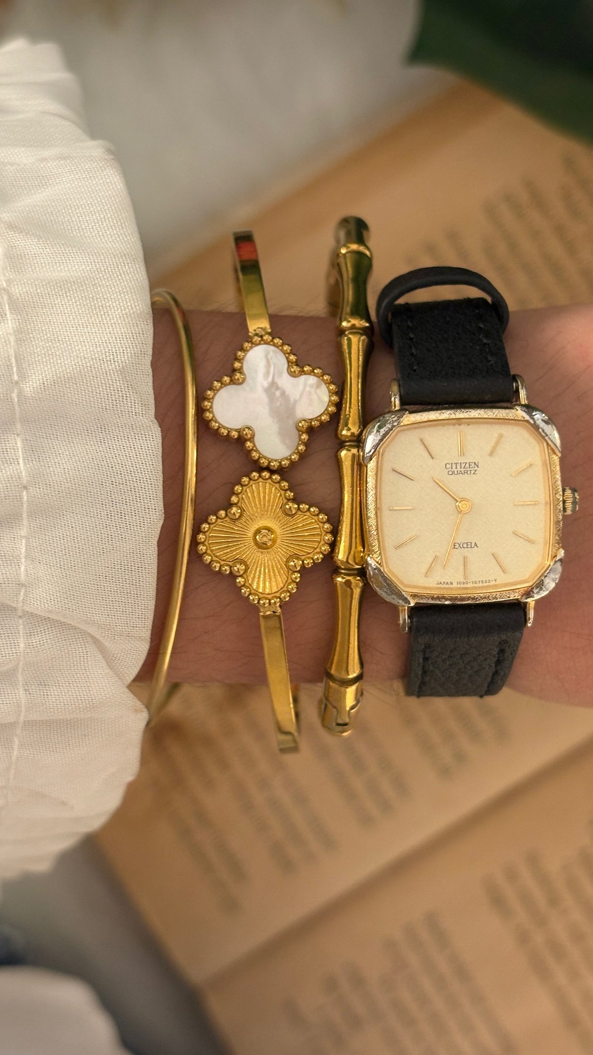 Rare Vintage Excela Citizen Tank Watch in Two-Tone Black Leather Quartz