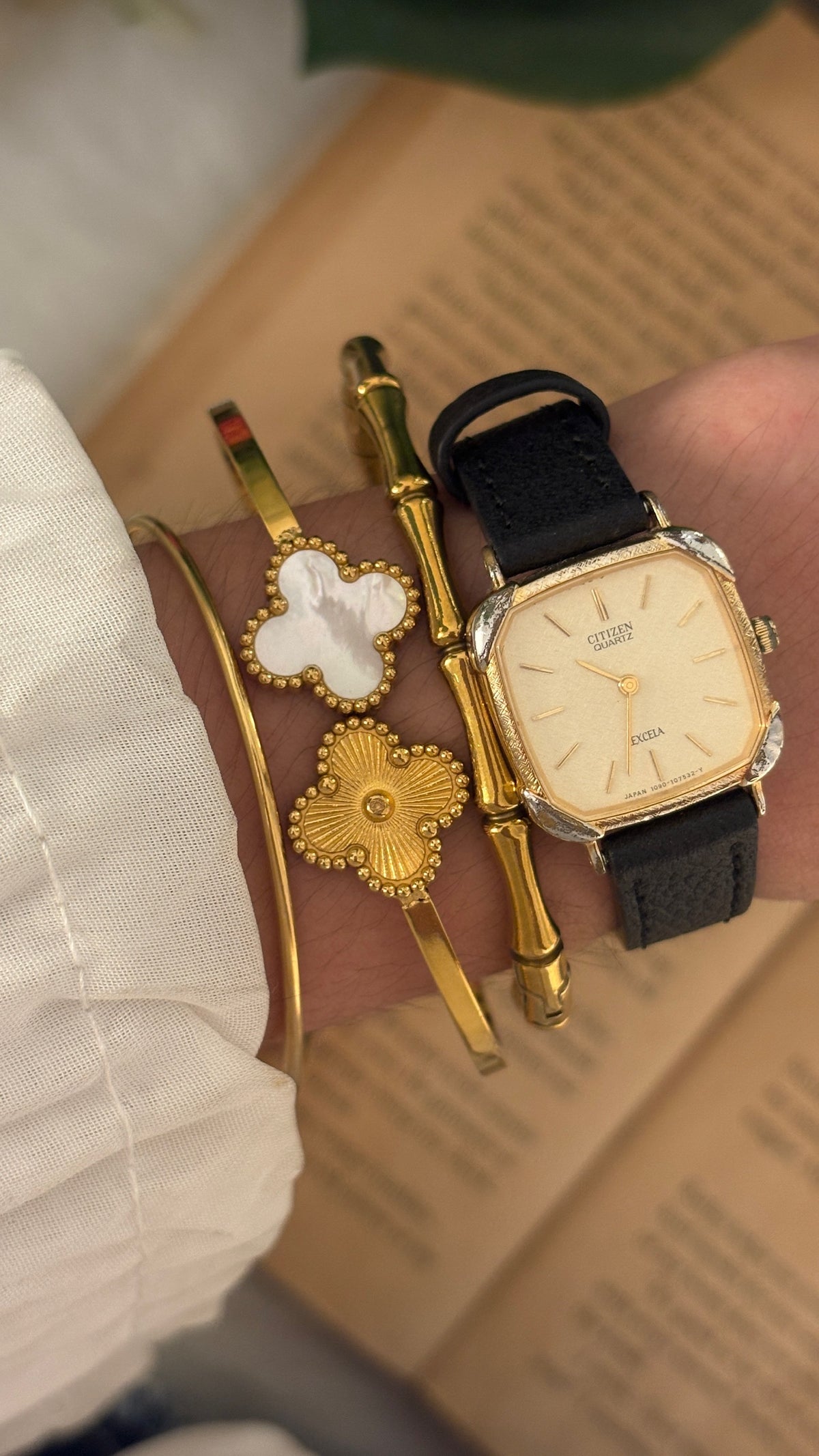 Rare Vintage Excela Citizen Tank Watch in Two-Tone Black Leather Quartz
