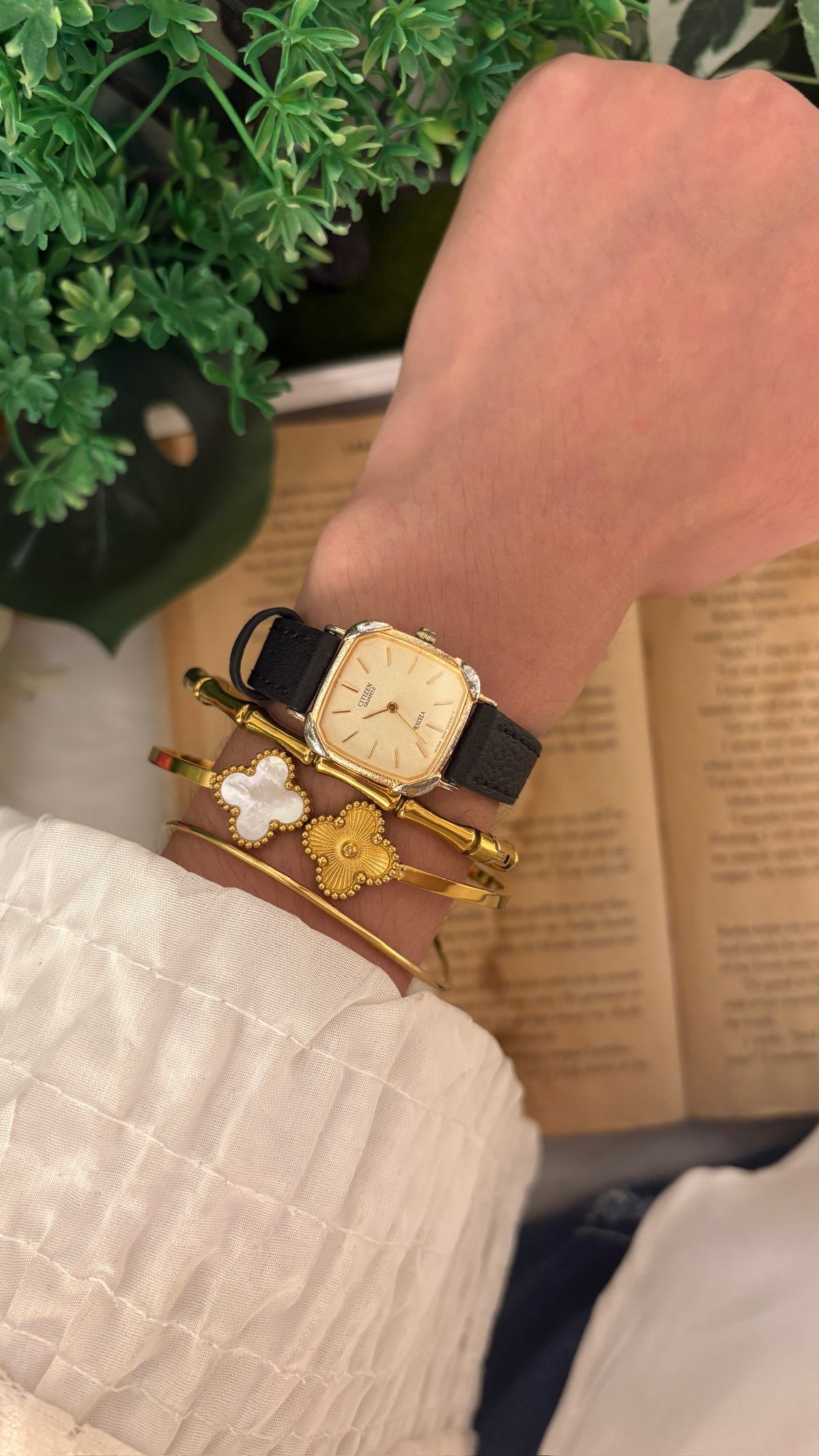 Rare Vintage Excela Citizen Tank Watch in Two-Tone Black Leather Quartz