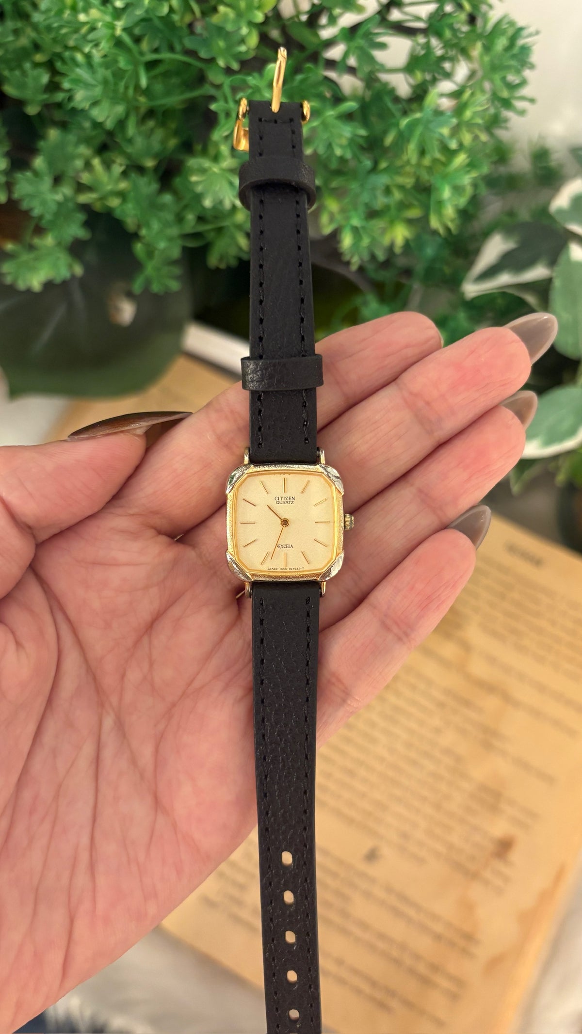 Rare Vintage Excela Citizen Tank Watch in Two-Tone Black Leather Quartz