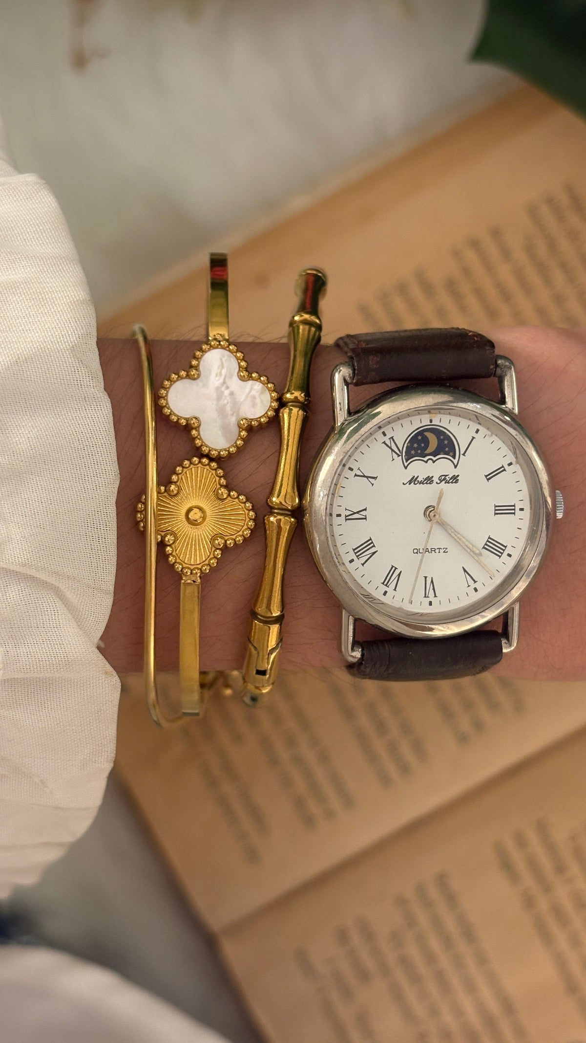 Rare Vintage Mille Fille roman Dial Moonphase Watch in Silver Tone Brown Leather Quartz