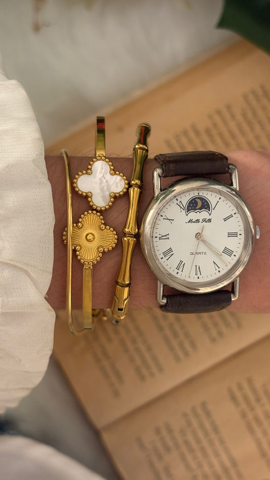 Rare Vintage Mille Fille roman Dial Moonphase Watch in Silver Tone Brown Leather Quartz
