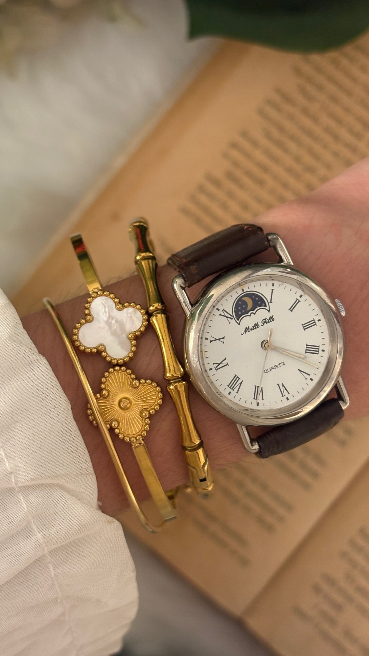Rare Vintage Mille Fille roman Dial Moonphase Watch in Silver Tone Brown Leather Quartz