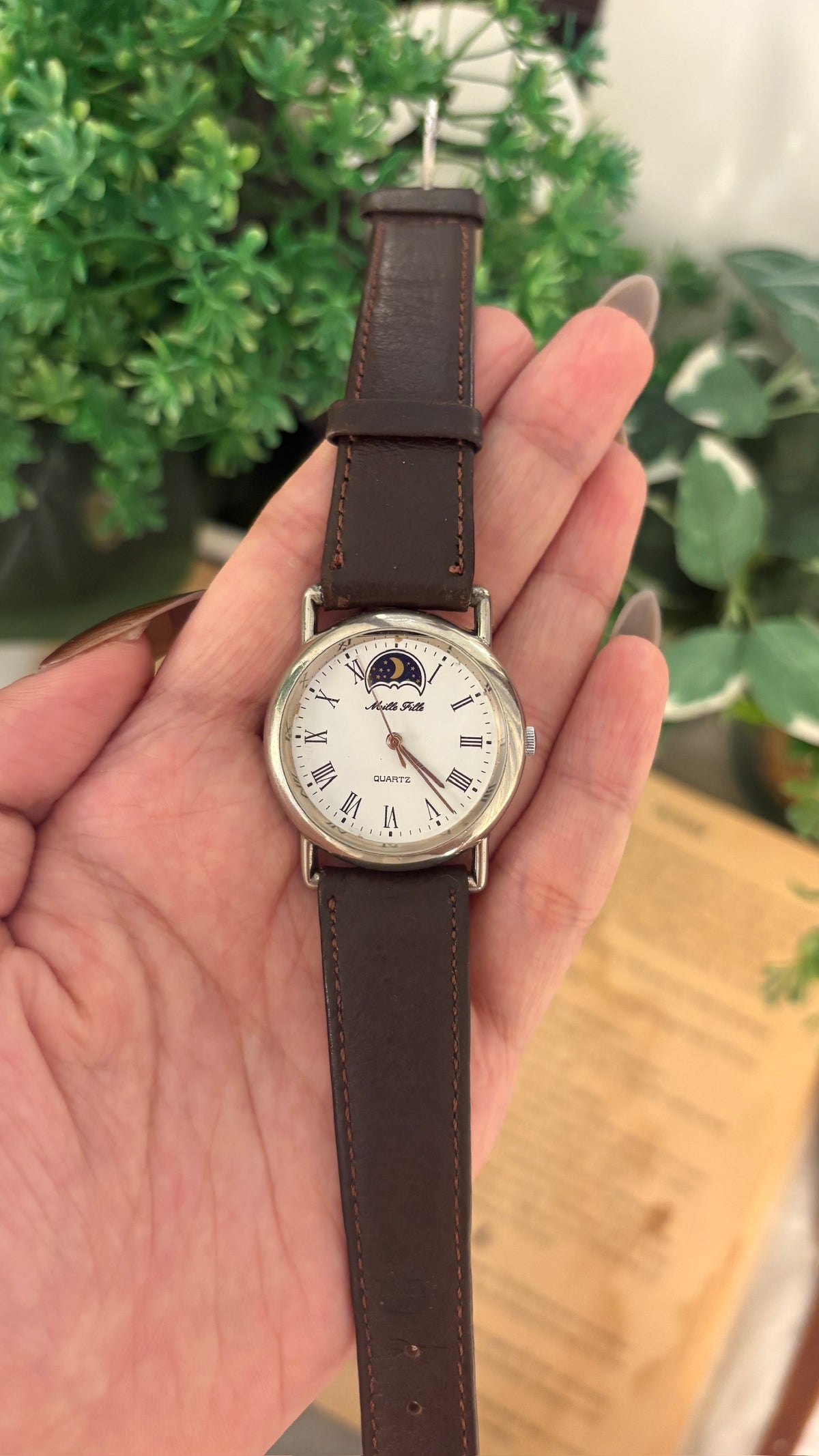 Rare Vintage Mille Fille roman Dial Moonphase Watch in Silver Tone Brown Leather Quartz