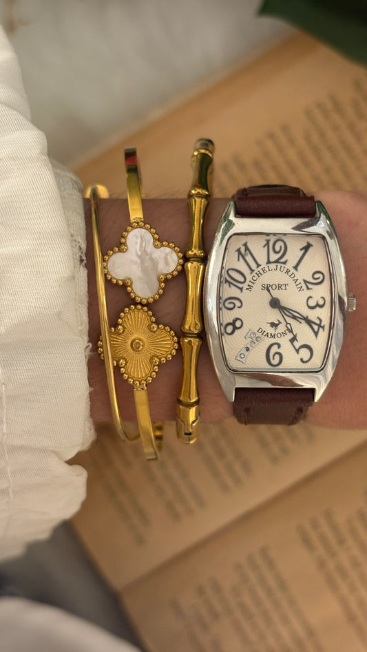 Vintage Michel Jurdain Diamond Barrel Dial Watch in Silver Tone Brown Leather Quartz