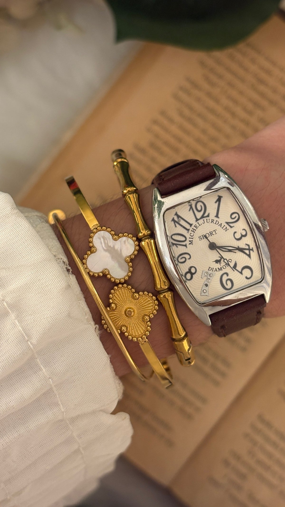Vintage Michel Jurdain Diamond Barrel Dial Watch in Silver Tone Brown Leather Quartz