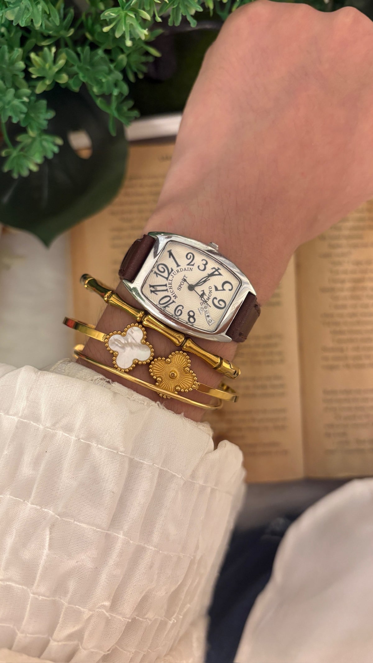 Vintage Michel Jurdain Diamond Barrel Dial Watch in Silver Tone Brown Leather Quartz
