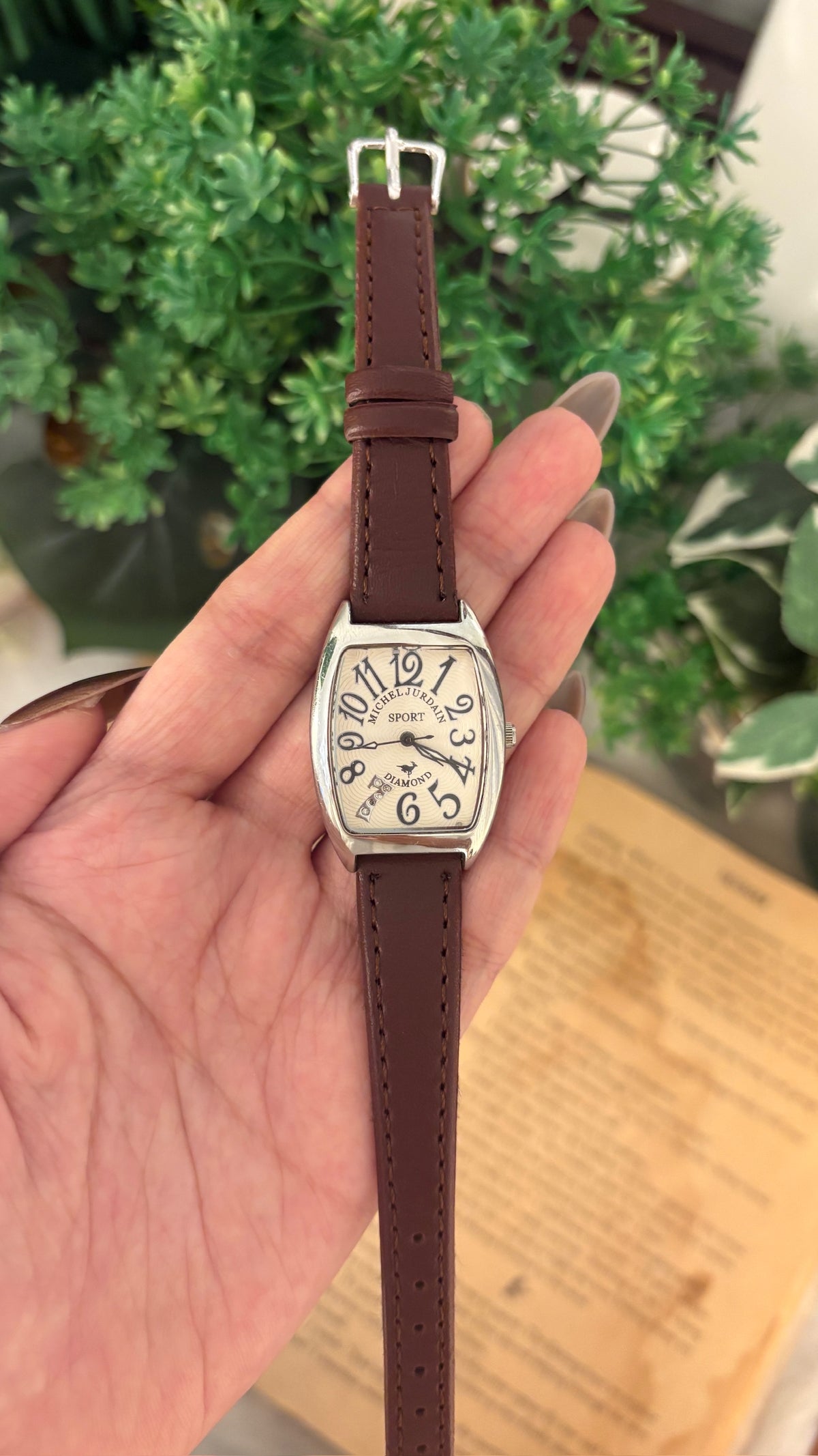 Vintage Michel Jurdain Diamond Barrel Dial Watch in Silver Tone Brown Leather Quartz