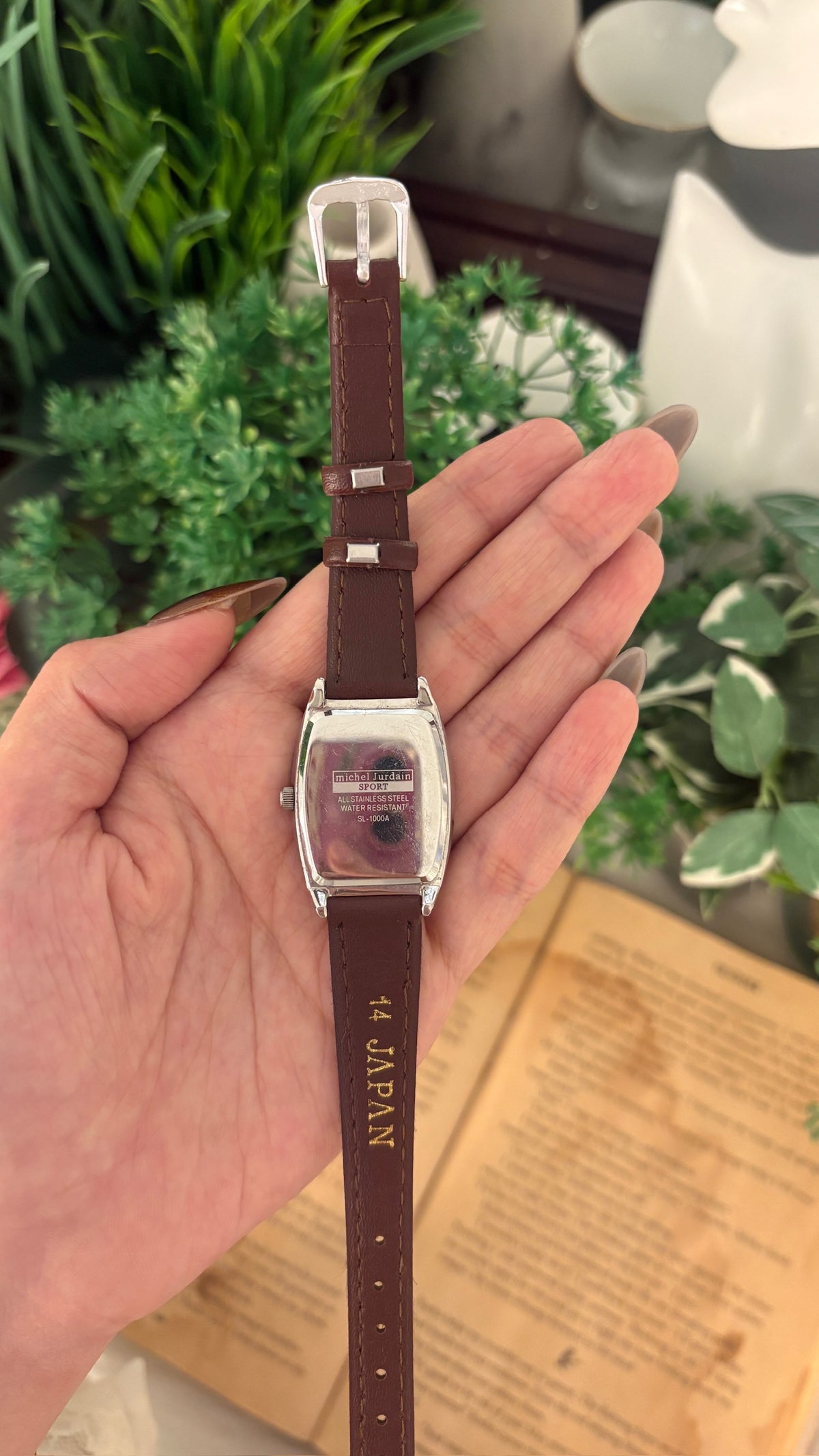 Vintage Michel Jurdain Diamond Barrel Dial Watch in Silver Tone Brown Leather Quartz