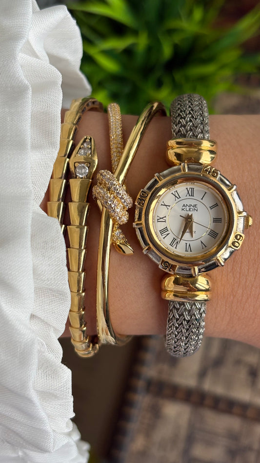 Extremely Rare Vintage Anne Klein Watch in Two-Tone Charriol Style Bangle Roman Dial