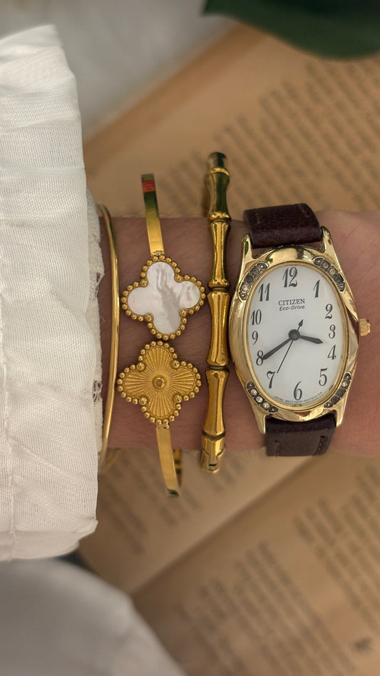 Vintage Citizen Eco-Drive Rhinestone Accent Oval Dial Watch in Gold Tone Brown Leather Quartz