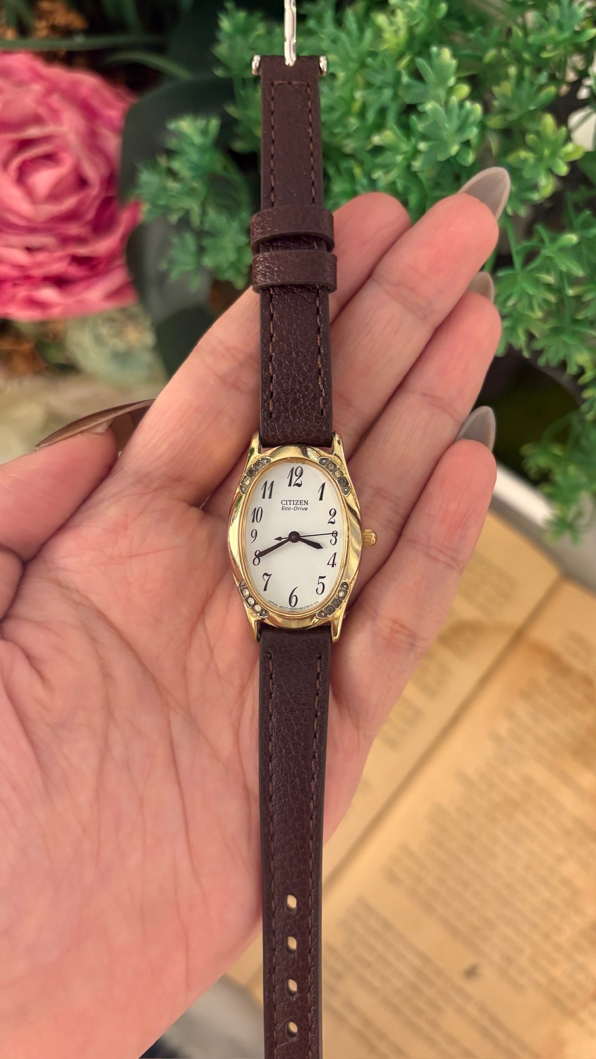 Vintage Citizen Eco-Drive Rhinestone Accent Oval Dial Watch in Gold Tone Brown Leather Quartz