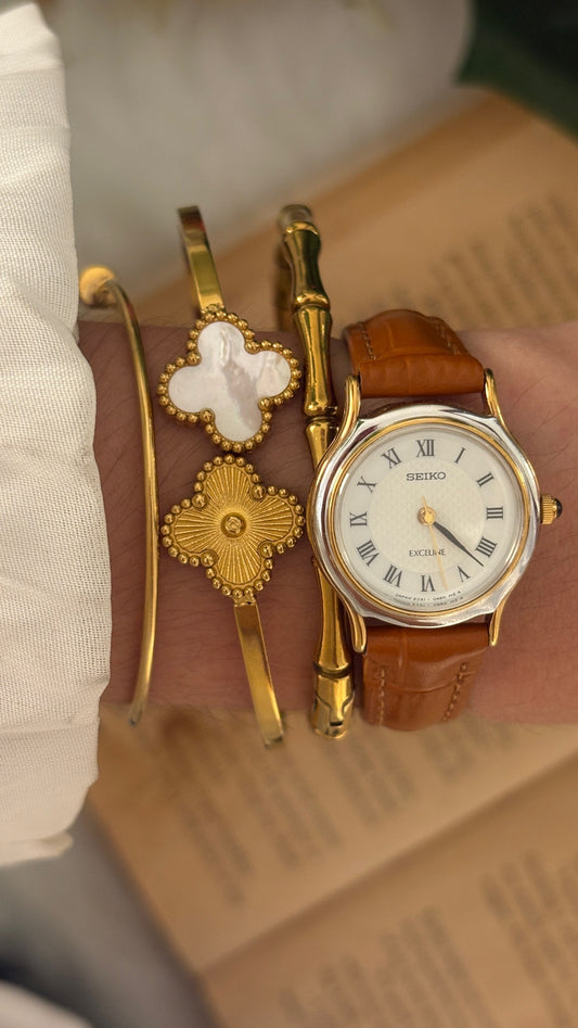Rare Vintage Seiko Exceline Roman Dial Watch in Two-Tone Brown Leather Quartz