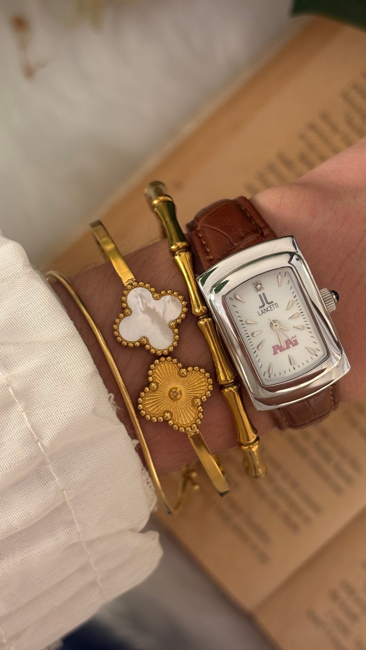 Rare Vintage Lancetti PaPa Tank Watch in Silver Tone Brown Leather Quartz