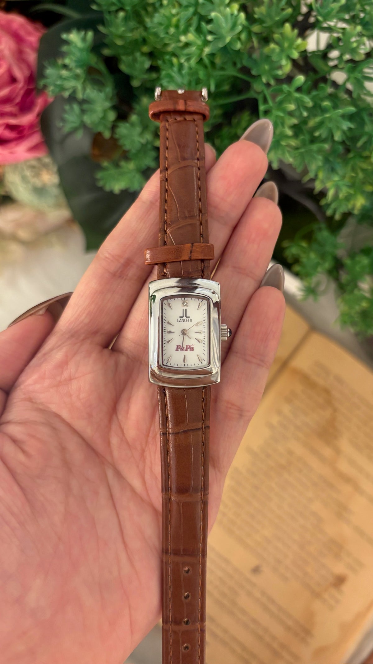 Rare Vintage Lancetti PaPa Tank Watch in Silver Tone Brown Leather Quartz