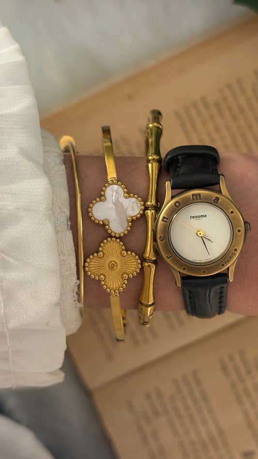 Vintage Renoma Citizen Logo Engraved Bezel Watch in Gold Brass Tone Black Leather Quartz