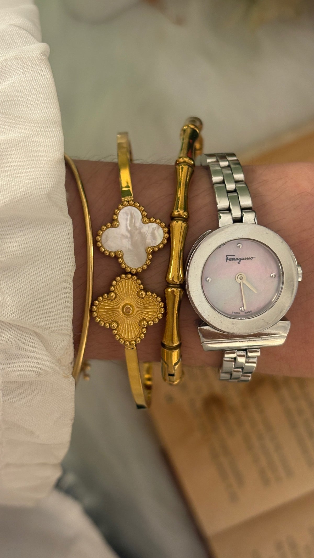 Extremely Rare Salvatore Ferragamo Pink Mother of Pearl Logo Dial Watch in Silver Tone Quartz