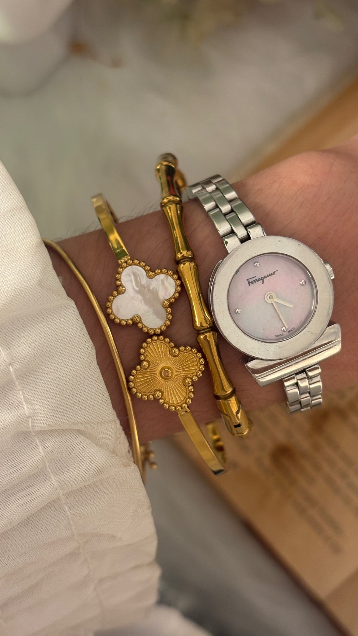 Extremely Rare Salvatore Ferragamo Pink Mother of Pearl Logo Dial Watch in Silver Tone Quartz
