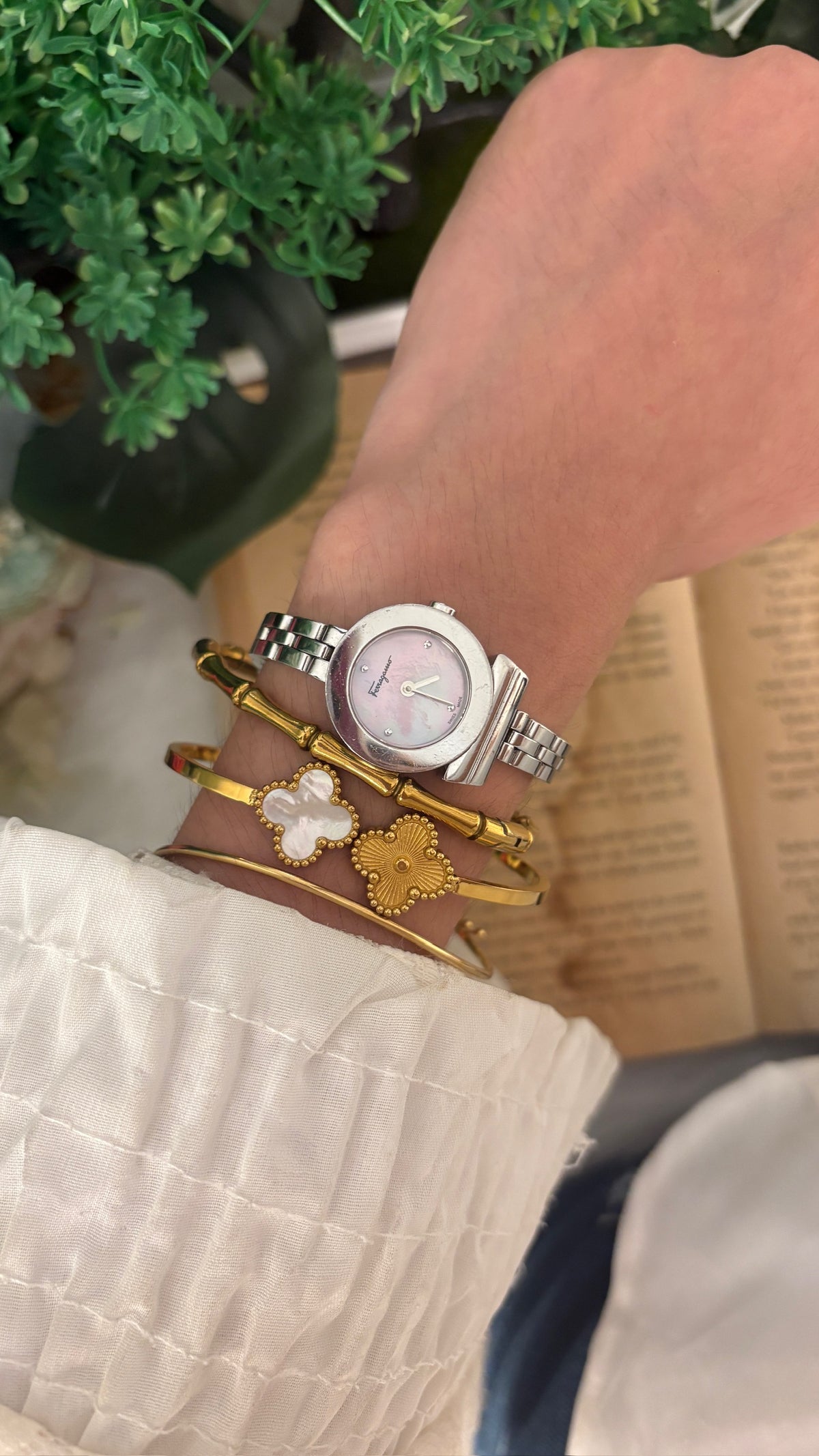Extremely Rare Salvatore Ferragamo Pink Mother of Pearl Logo Dial Watch in Silver Tone Quartz