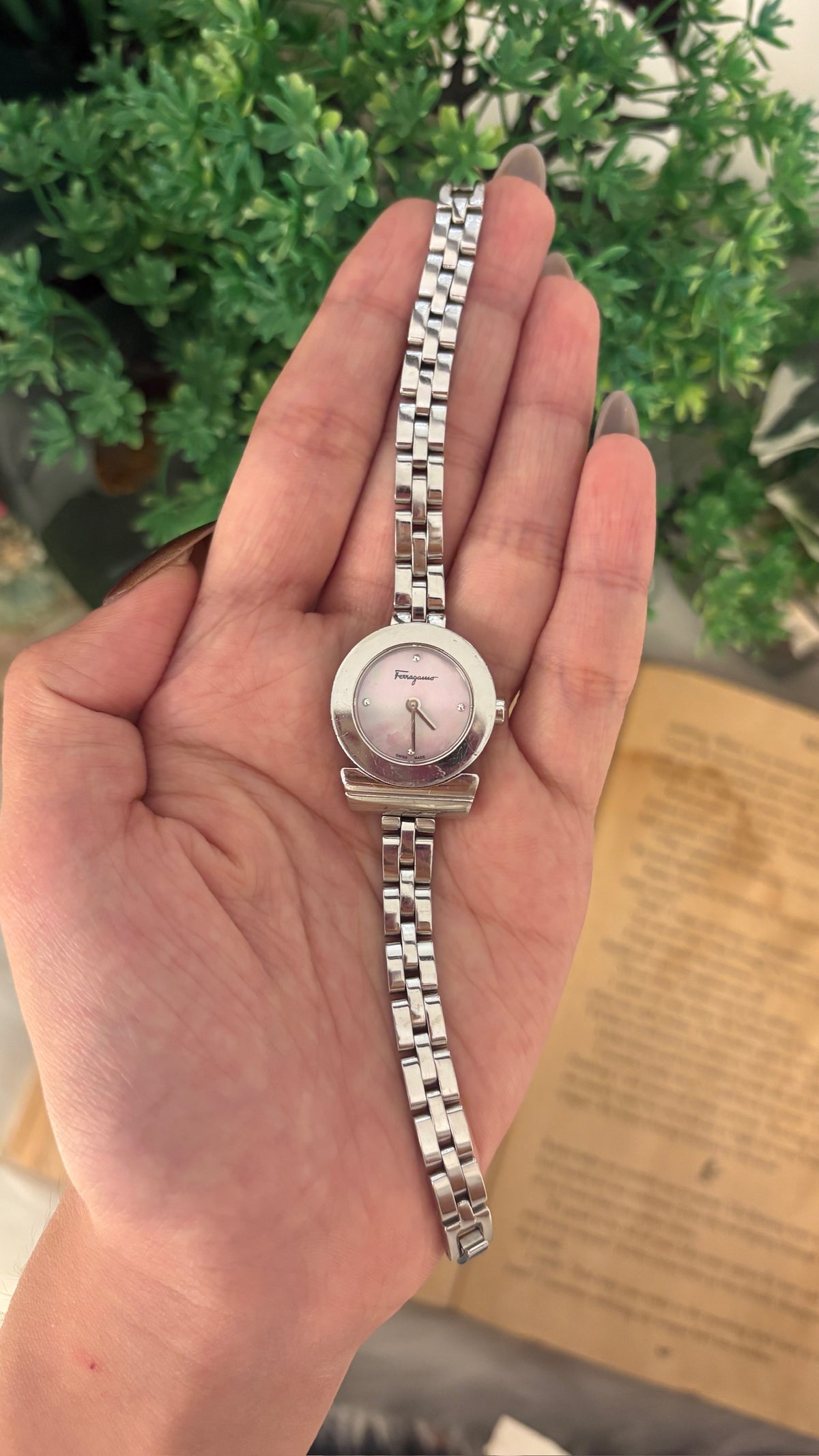 Extremely Rare Salvatore Ferragamo Pink Mother of Pearl Logo Dial Watch in Silver Tone Quartz