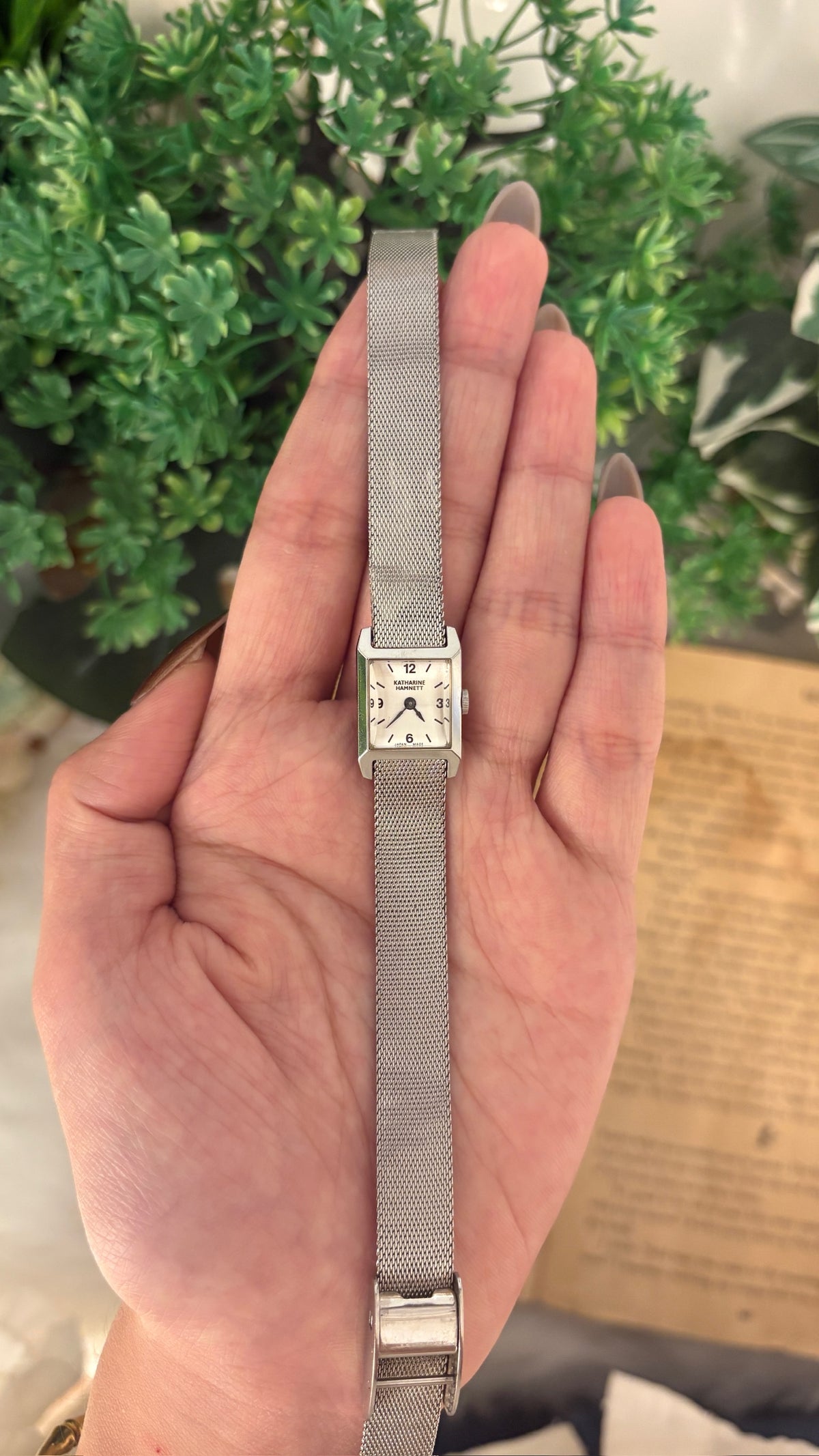 Rare Dainty Vintage Katharine Hamnett Square Dial Mesh Watch in Silver Tone Quartz