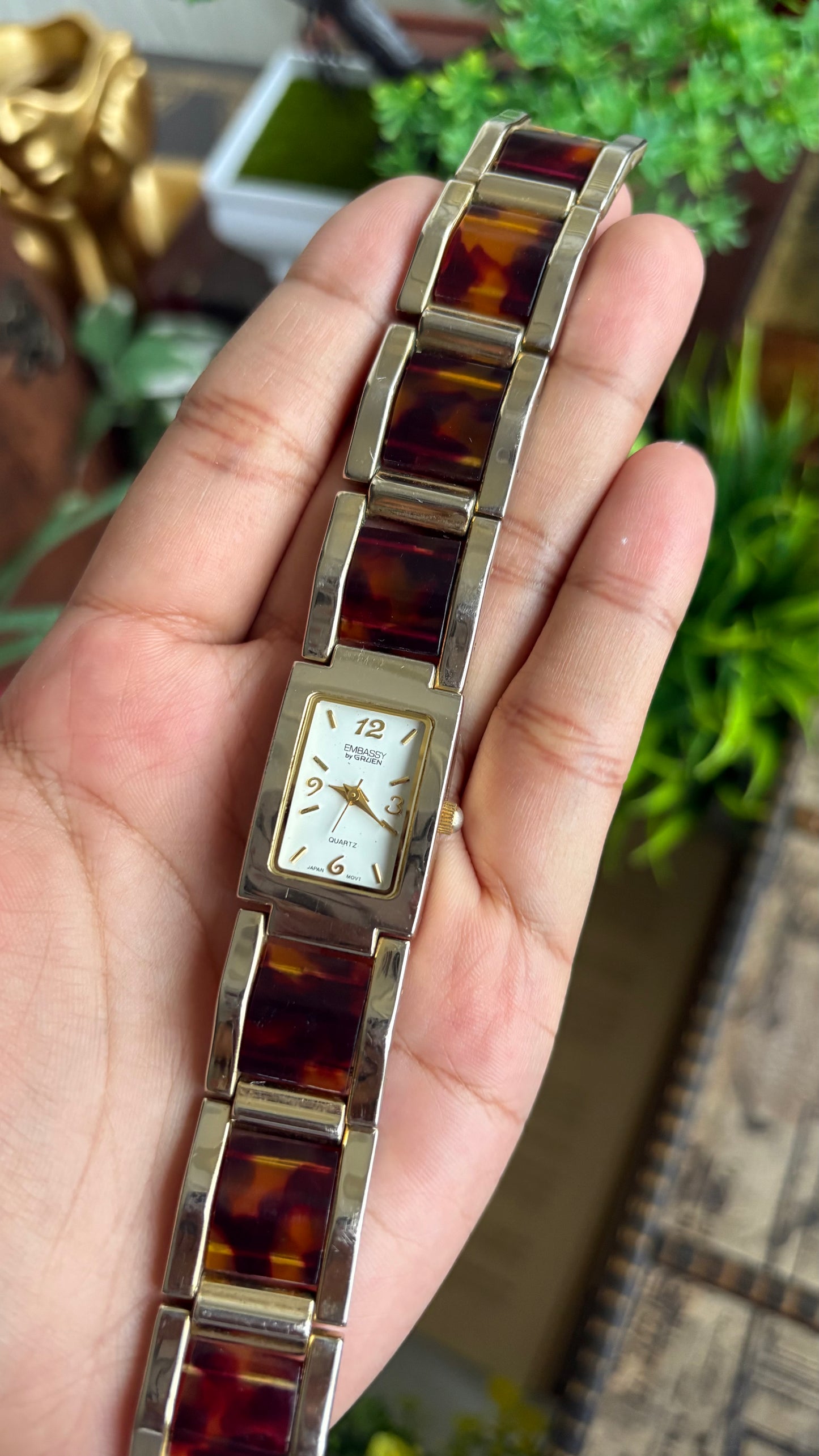Vintage Embassy by Gruen Watch in Gold Tone Tortoise Shell Pattern