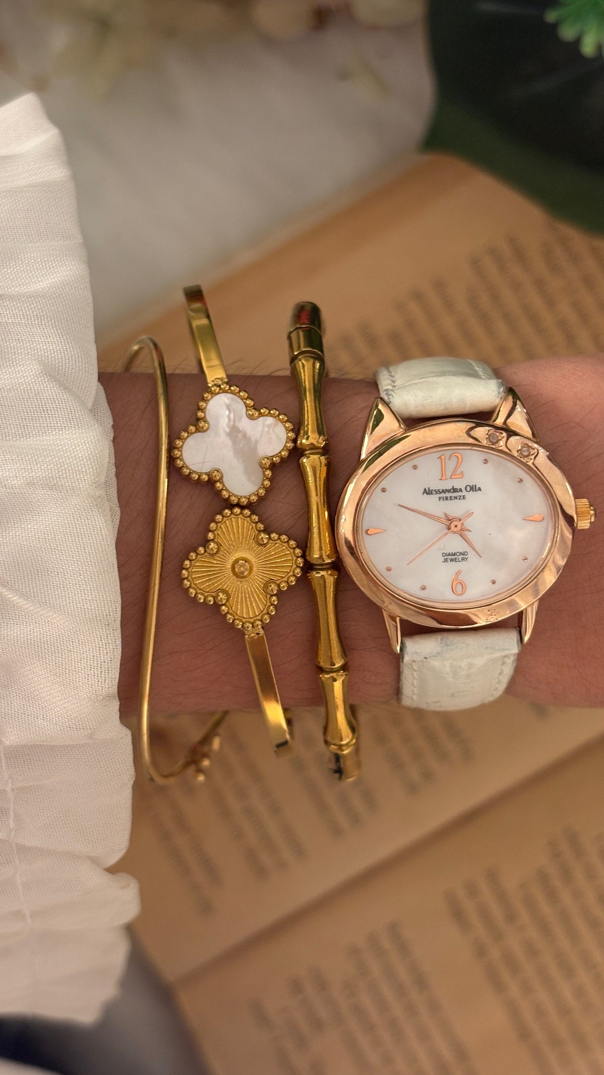 Vintage Alessandra Olla Mother of Pearl Dial Watch in Rose Gold Tone White Leather Quartz