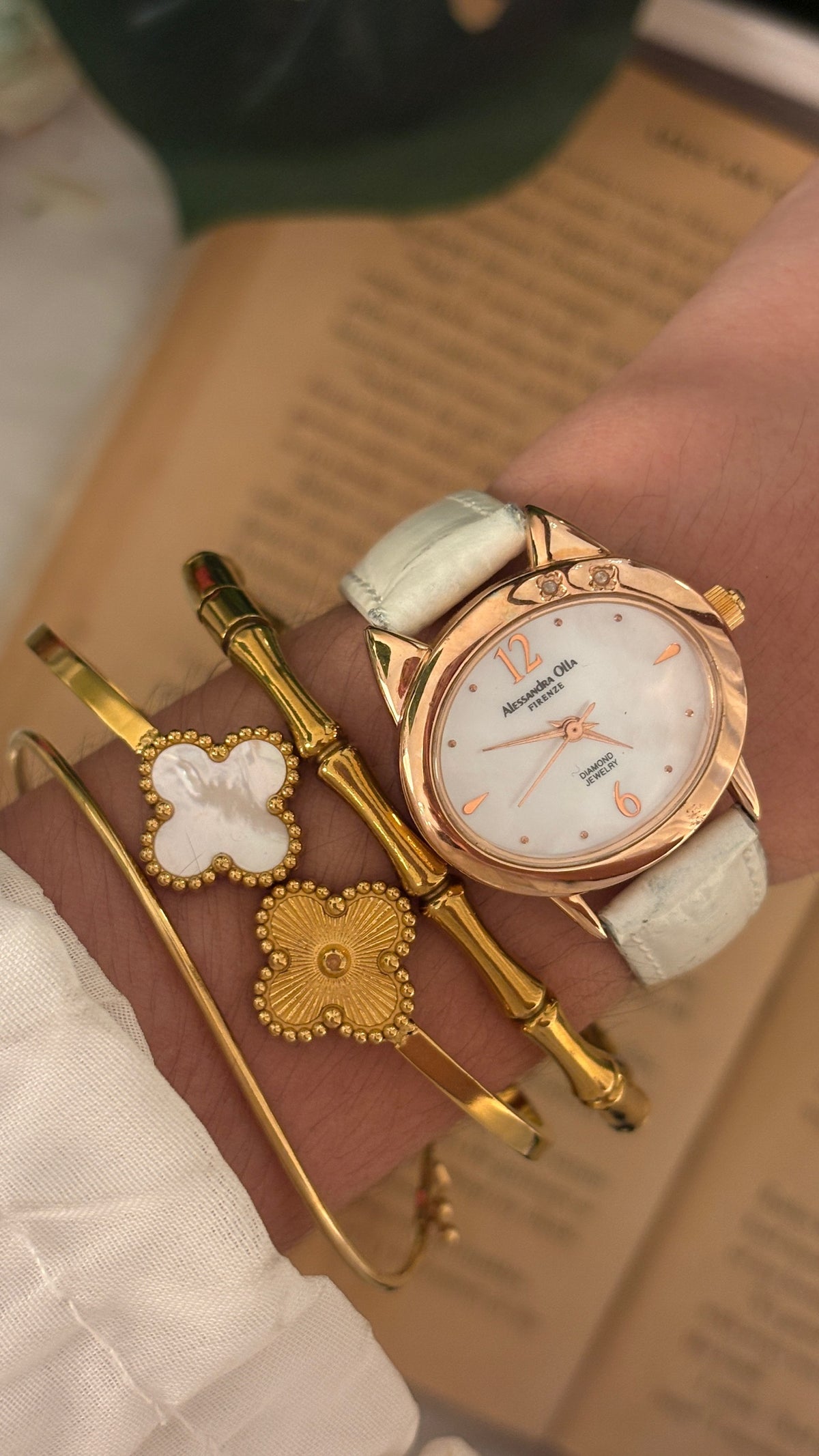 Vintage Alessandra Olla Mother of Pearl Dial Watch in Rose Gold Tone White Leather Quartz