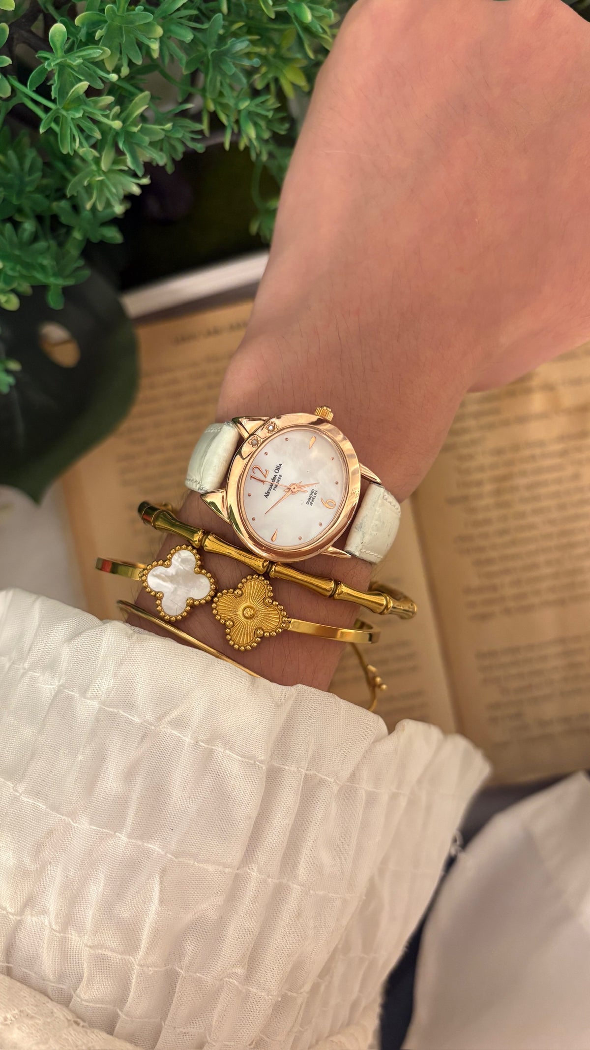 Vintage Alessandra Olla Mother of Pearl Dial Watch in Rose Gold Tone White Leather Quartz