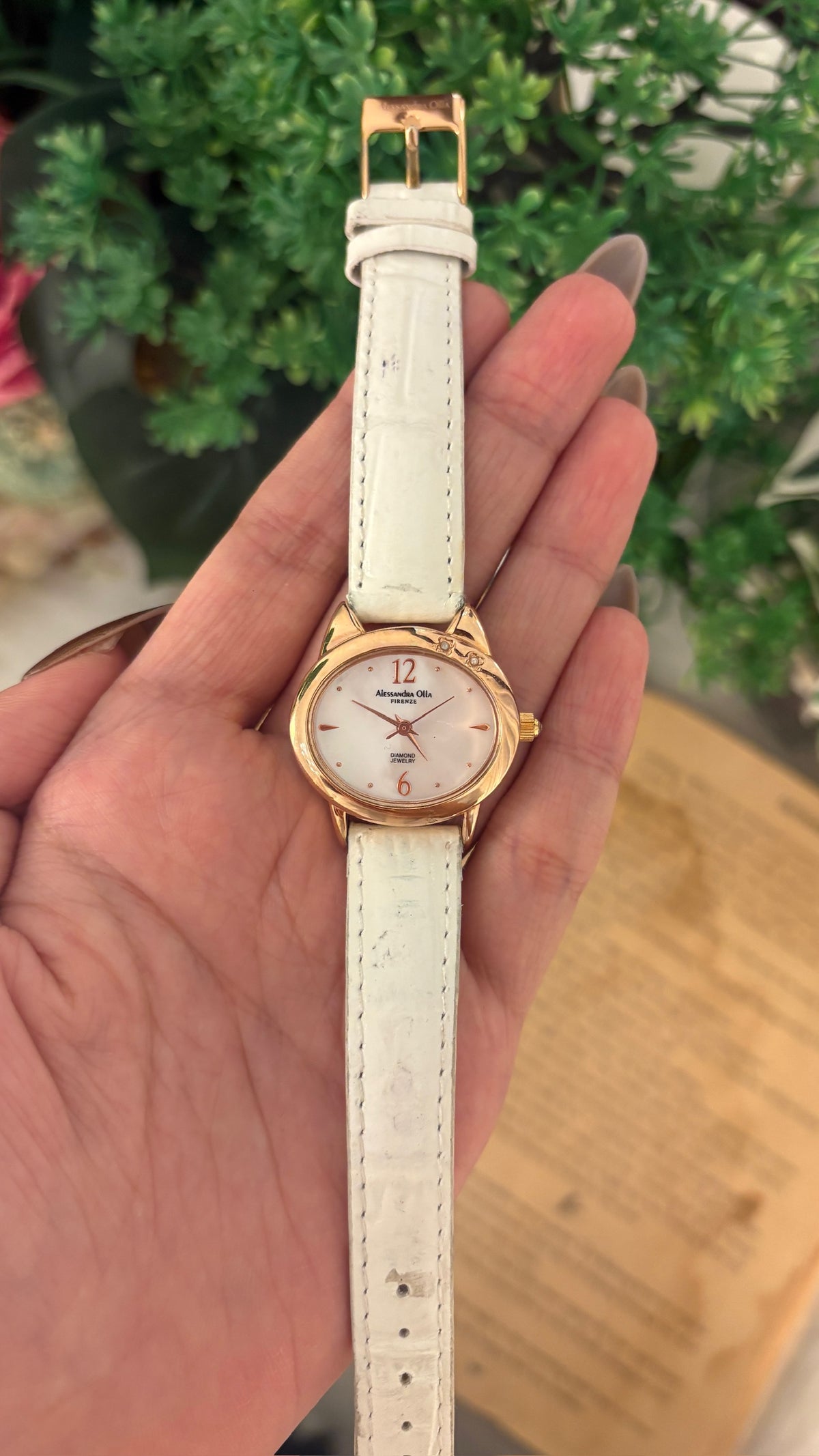 Vintage Alessandra Olla Mother of Pearl Dial Watch in Rose Gold Tone White Leather Quartz