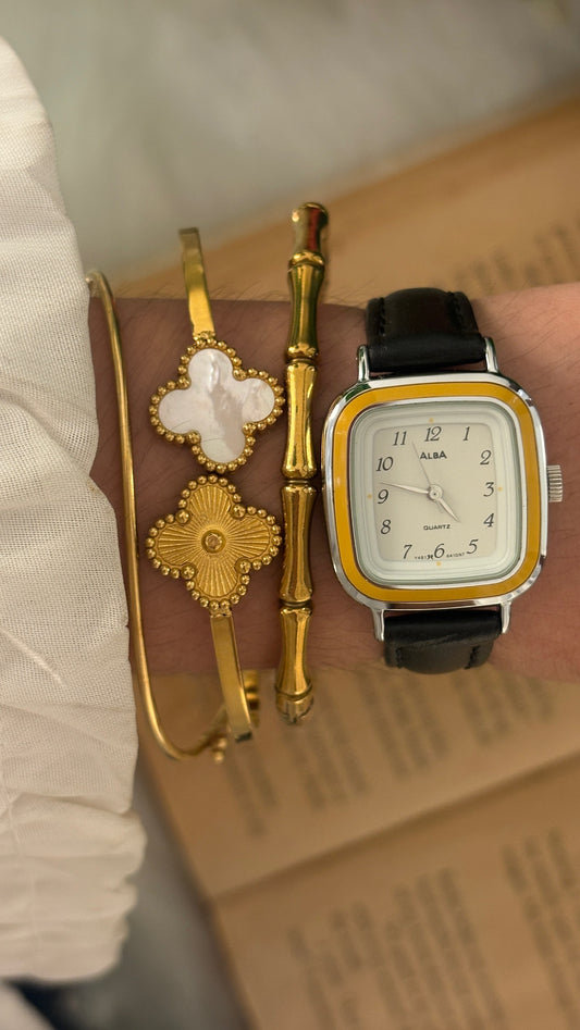 Rare Vintage Alba Seiko Yellow Bezel Accent Tank Watch in Silver Tone Black Leather Quartz