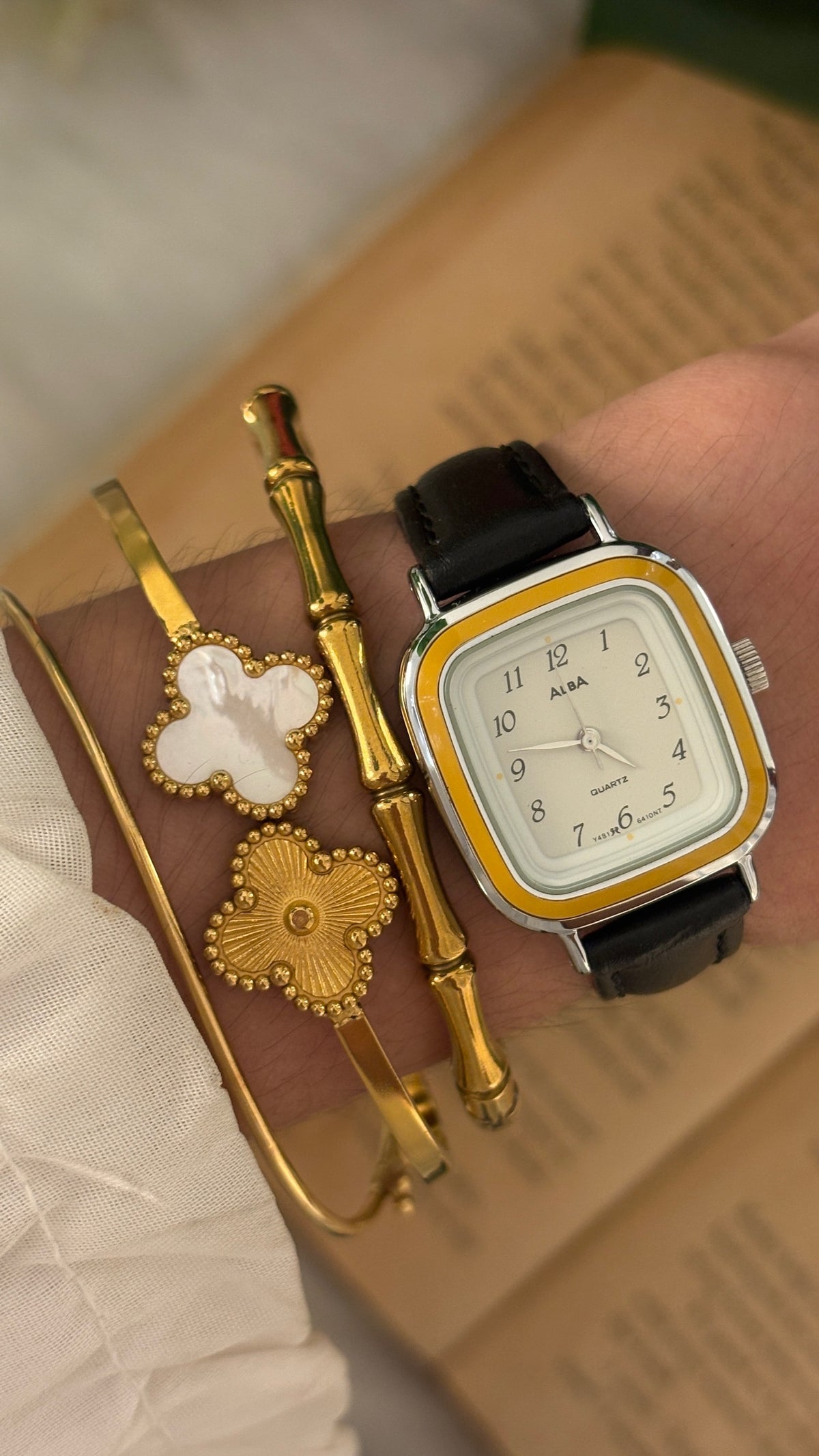 Rare Vintage Alba Seiko Yellow Bezel Accent Tank Watch in Silver Tone Black Leather Quartz
