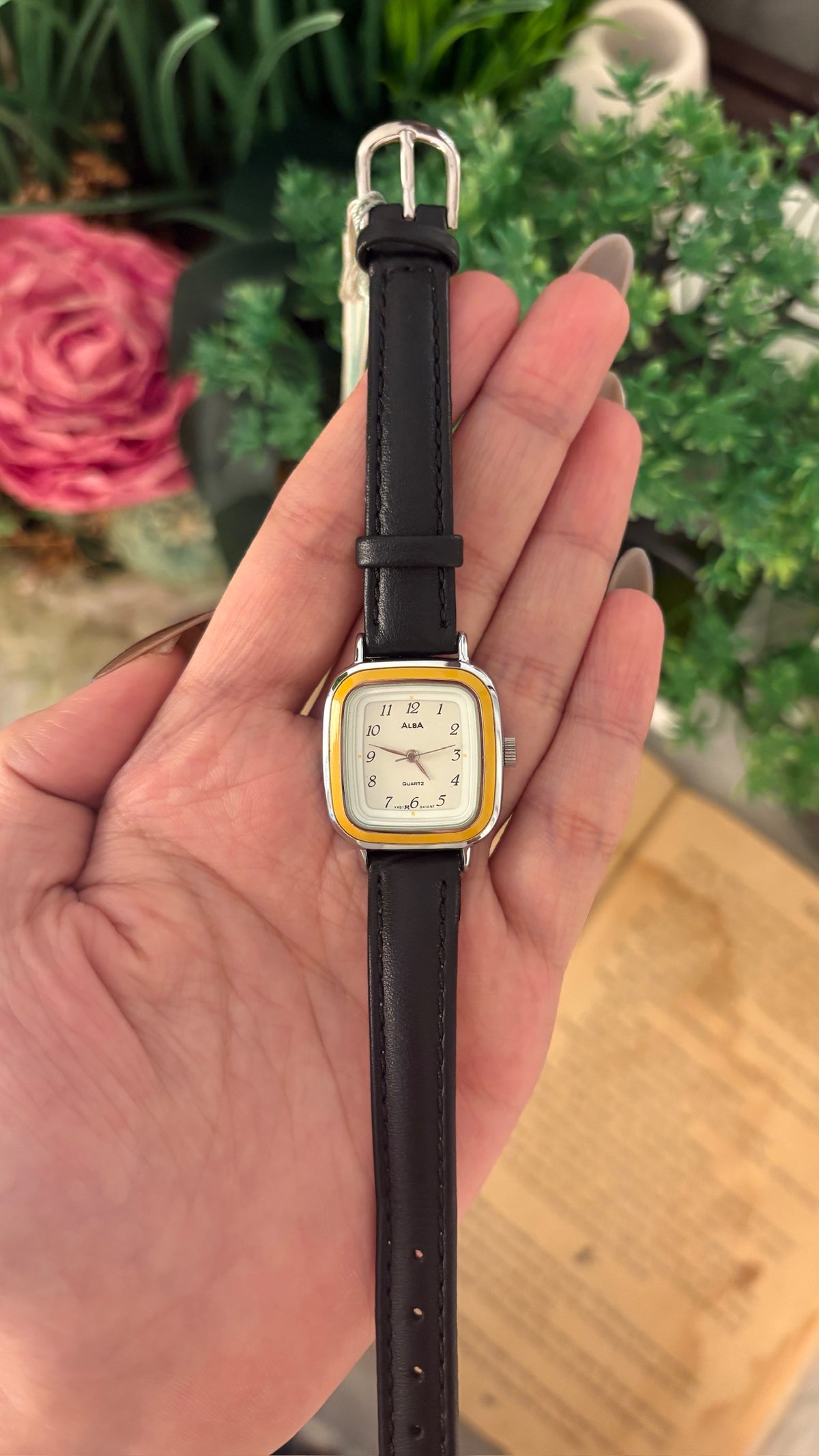 Rare Vintage Alba Seiko Yellow Bezel Accent Tank Watch in Silver Tone Black Leather Quartz