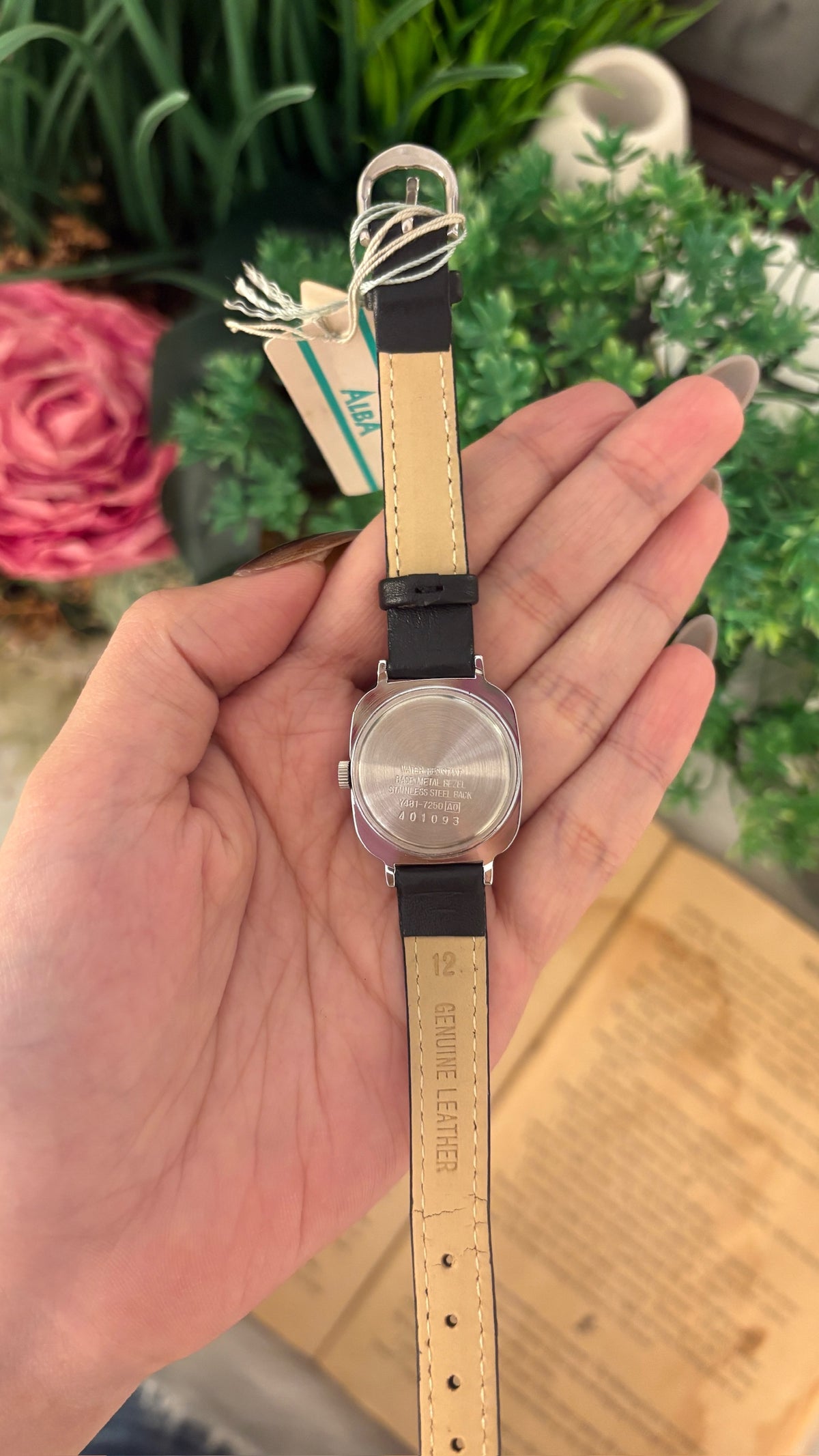 Rare Vintage Alba Seiko Yellow Bezel Accent Tank Watch in Silver Tone Black Leather Quartz