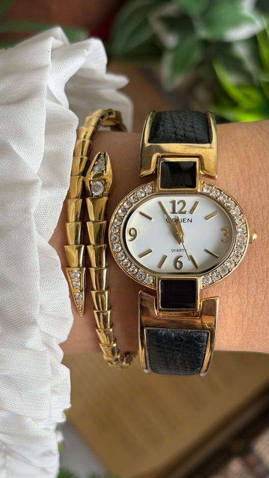 Vintage Gruen Bangle Watch in Gold Tone Black Accent